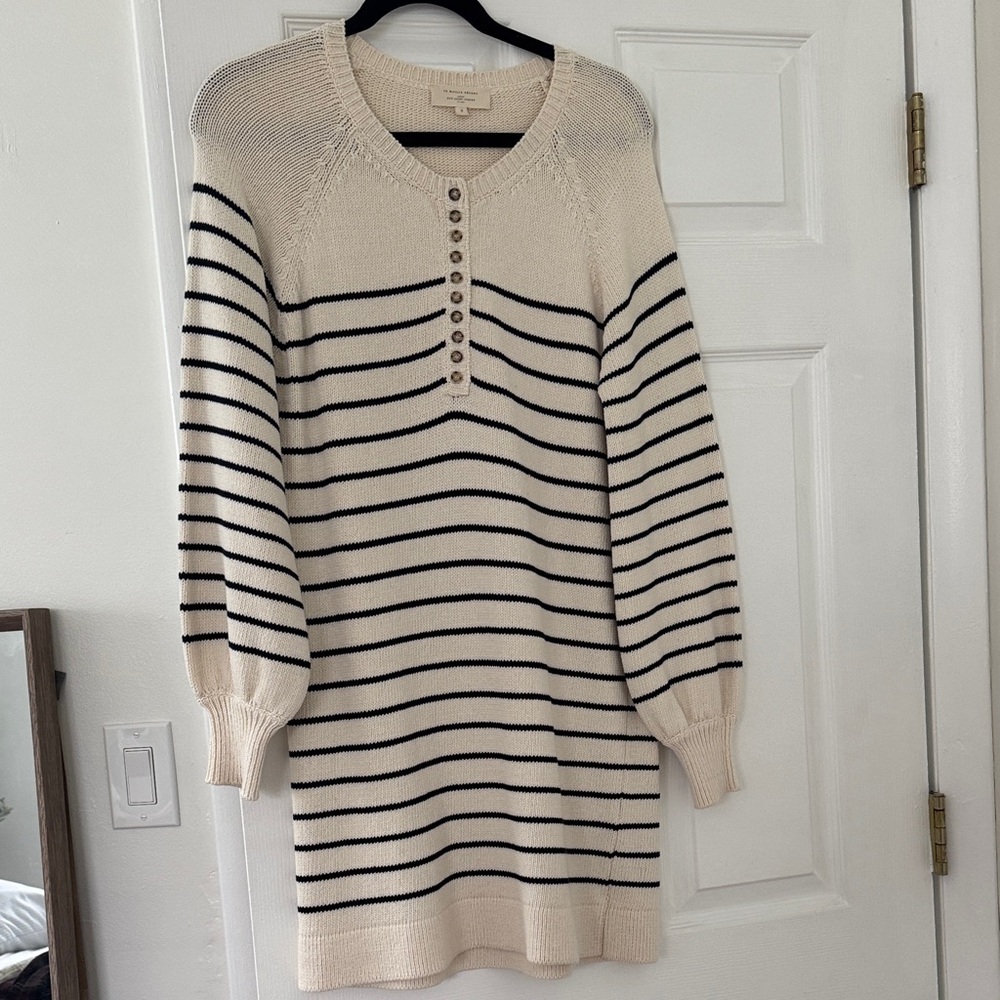 Sezane Cream and Dark Navy Striped Long Sleeve Sweater Dress Size S